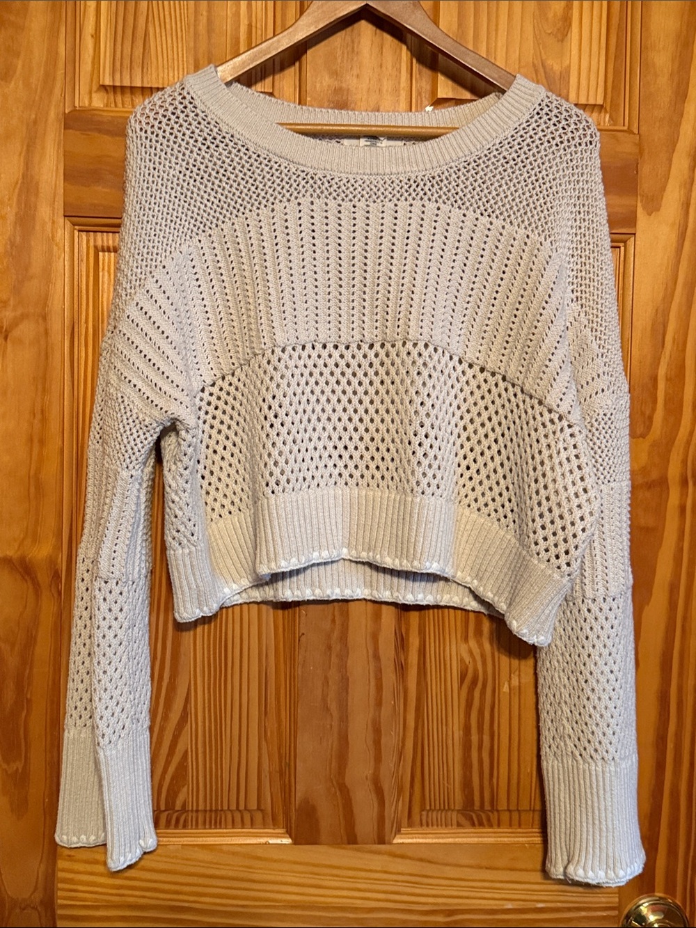 Happily Grey Cropped Open-Weave Crewneck Sweater in Cream